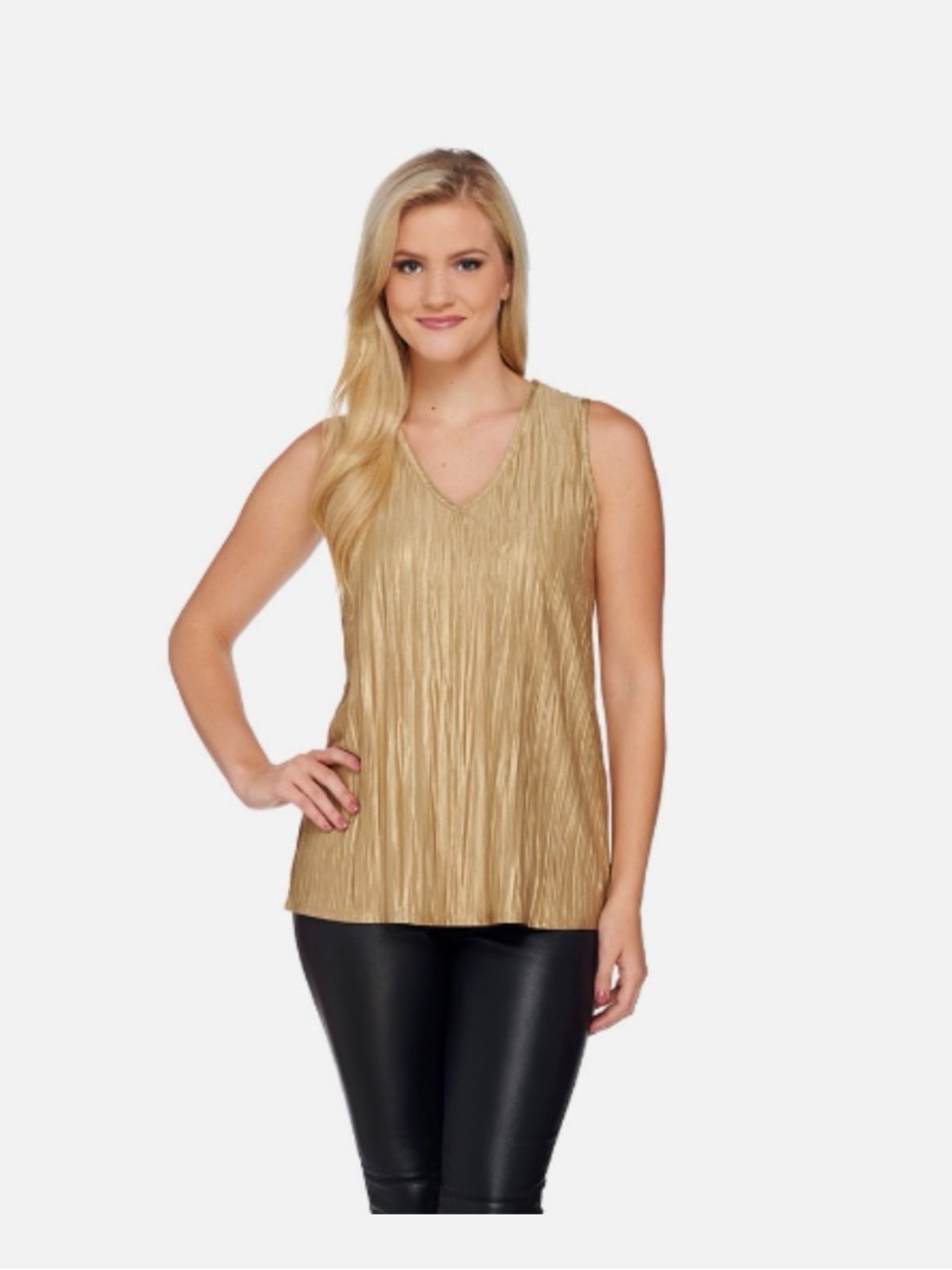 Susan Graver Metallic Pleated V-Neck Tank - Gold